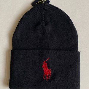 Polo Ralph Lauren Signature Big Pony Logo Knit Cuffed Beanie Ski Hat Cap Black